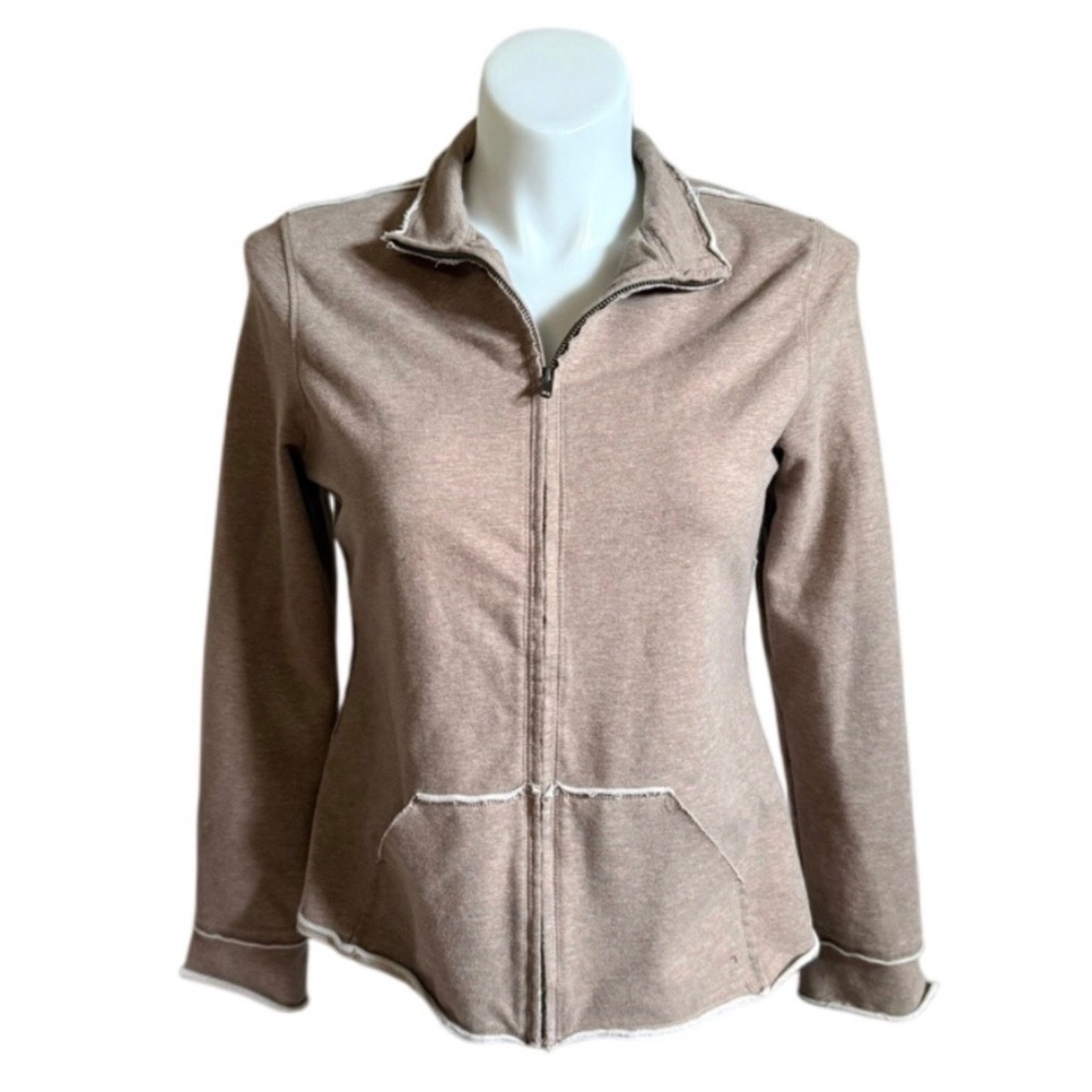 Gap Womens Full Zip Sweatshirt Tan Heathered Raw Edge Trim Mock Neck Large